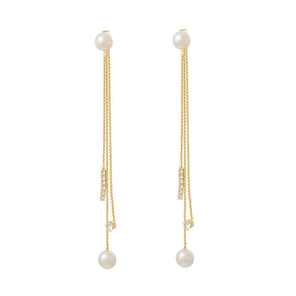 Pearl and Cubic Zirconia 18K Gold-Plated Beaded Tassel Ear Jackets, gold drop earrings for women, front view