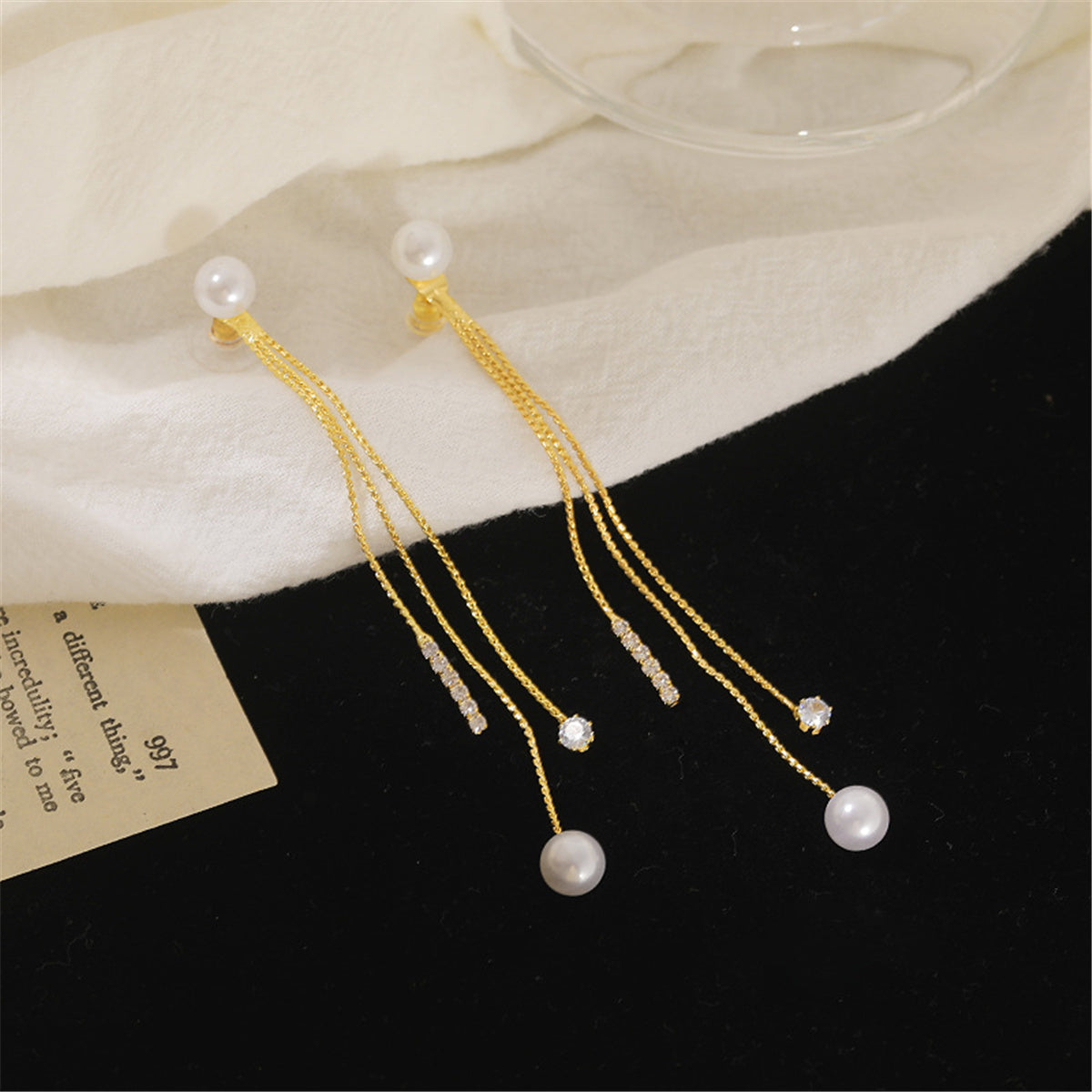 Pearl and Cubic Zirconia 18K Gold-Plated Beaded Tassel Ear Jackets, gold drop earrings for women, side view