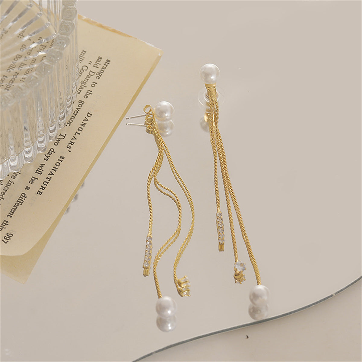 Pearl and Cubic Zirconia 18K Gold-Plated Beaded Tassel Ear Jackets, gold drop earrings for women, detail close-up