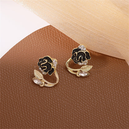 Black Enamel and Crystal Flower Ear Jacktes, stud earrings for women, elegant gift for her, detail close-up