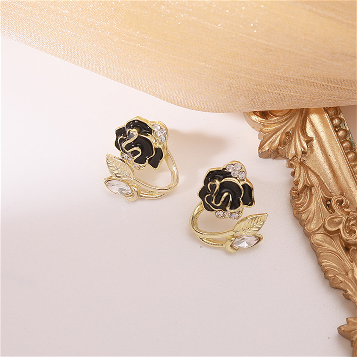 Black Enamel and Crystal Flower Ear Jacktes, stud earrings for women, elegant gift for her, lifestyle look
