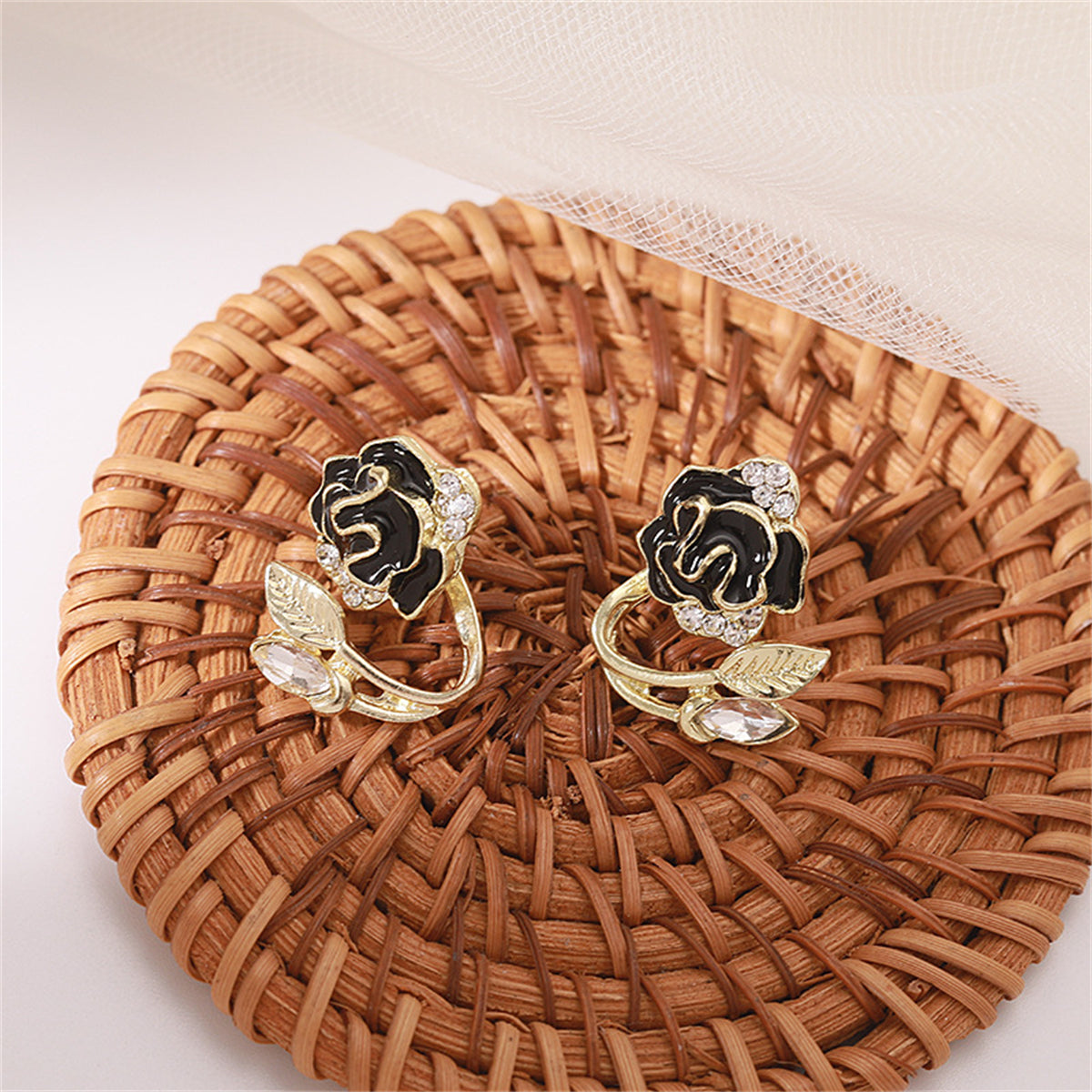 Black Enamel and Crystal Flower Ear Jacktes, stud earrings for women, elegant gift for her, styled look