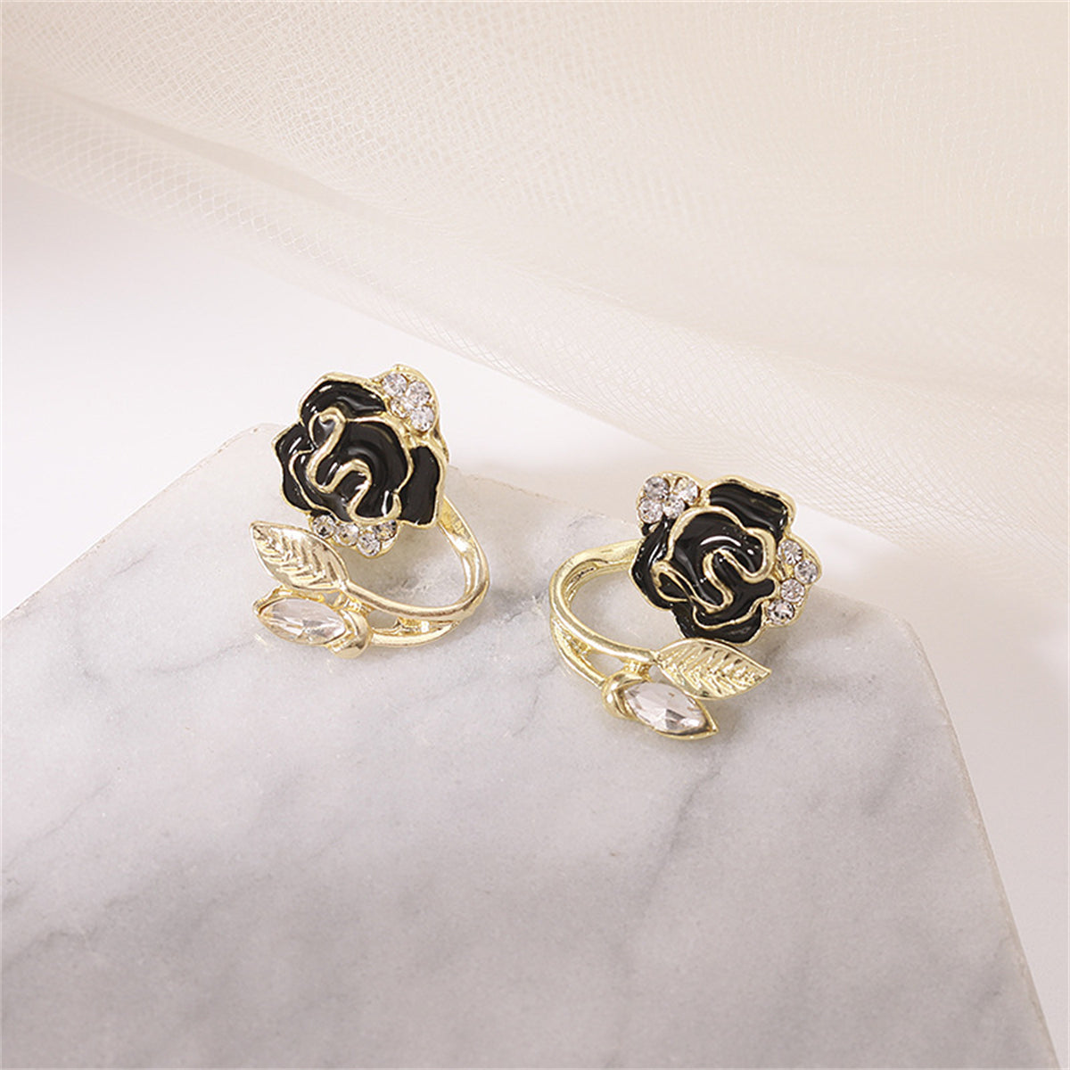 Black Enamel and Crystal Flower Ear Jacktes, stud earrings for women, elegant gift for her, front view