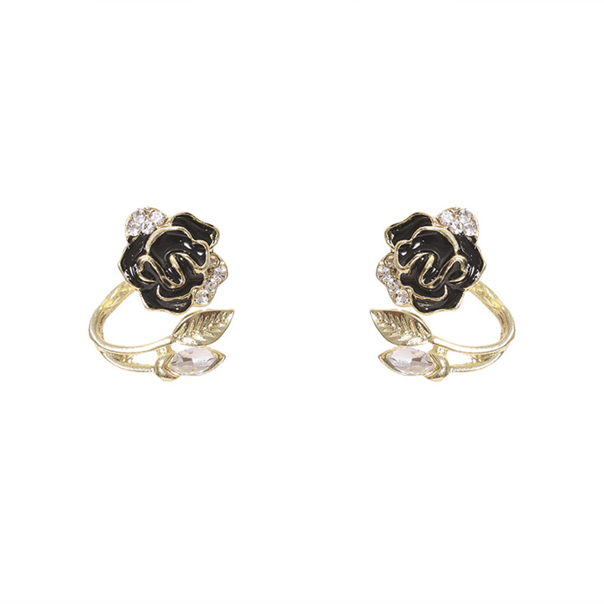 Black Enamel and Crystal Flower Ear Jacktes, stud earrings for women, elegant gift for her, side view