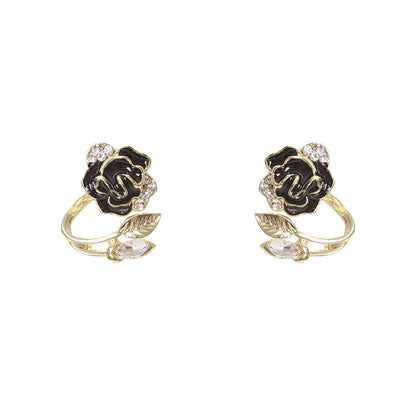 Black Enamel and Crystal Flower Ear Jacktes, stud earrings for women, elegant gift for her, side view