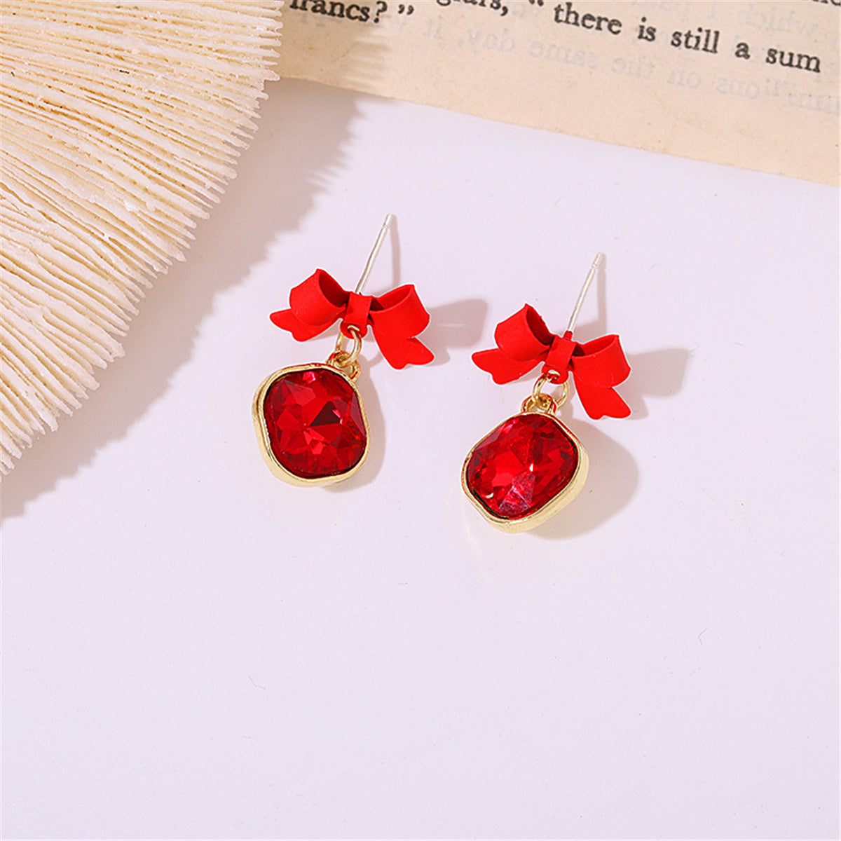 Red Crystal and 18K Gold-Plated Bow Diamond Drop Earrings, gold drop earrings for women, dainty minimalist design, front view