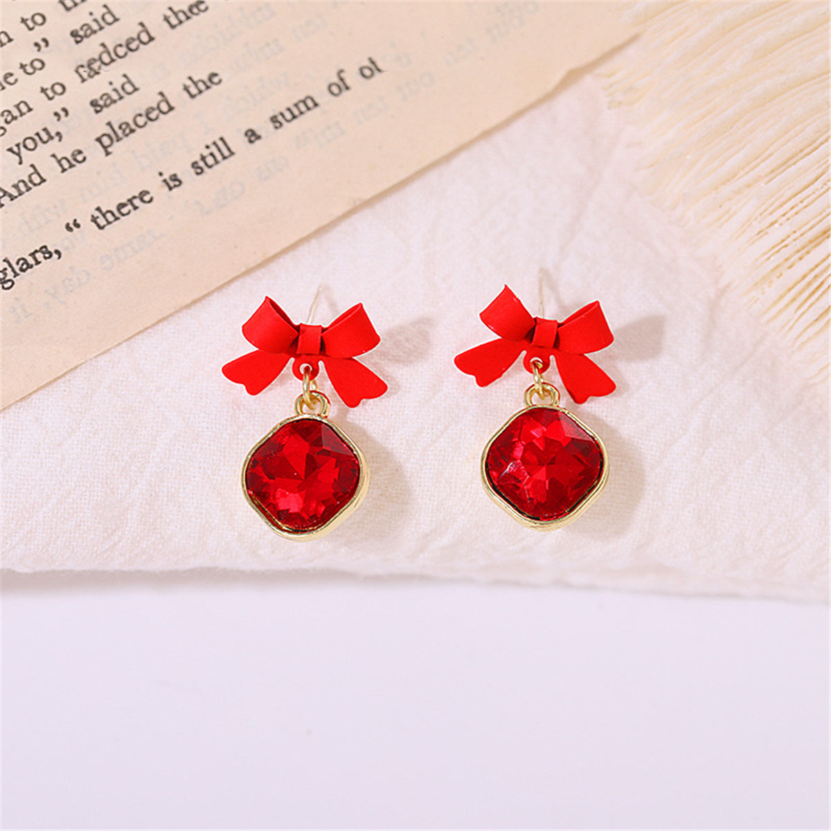 Red Crystal and 18K Gold-Plated Bow Diamond Drop Earrings, gold drop earrings for women, dainty minimalist design, side view