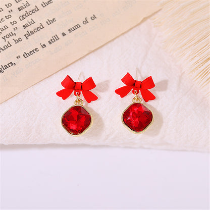 Red Crystal and 18K Gold-Plated Bow Diamond Drop Earrings, gold drop earrings for women, dainty minimalist design, side view