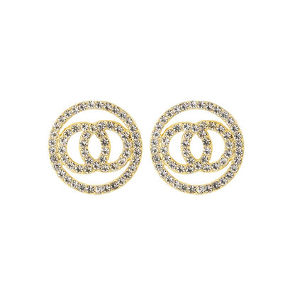 Cubic Zirconia and 18K Gold-Plated Pavé Linked Circle Stud Earrings, gold stud earrings for women, front view
