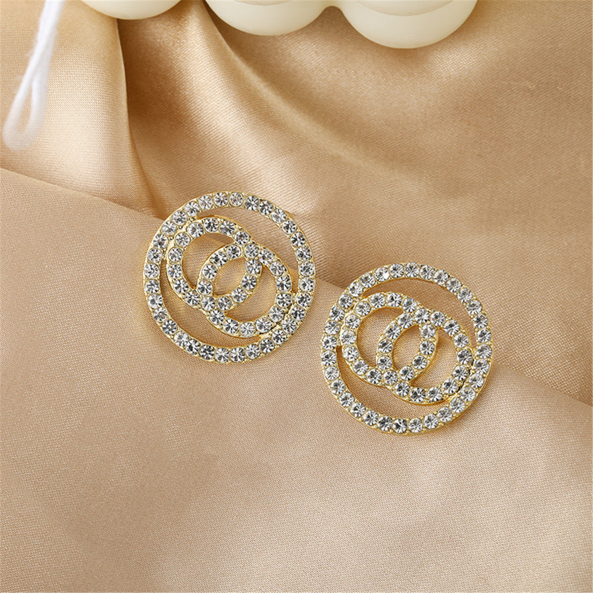 Cubic Zirconia and 18K Gold-Plated Pavé Linked Circle Stud Earrings, gold stud earrings for women, lifestyle look