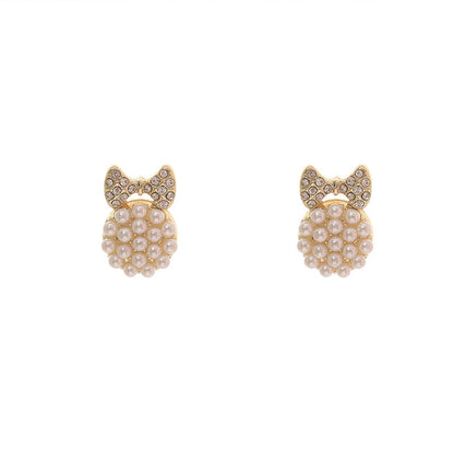 Cubic Zirconia and Pearl Bow Round Stud Earrings, stud earrings for women, vintage-inspired design, front view