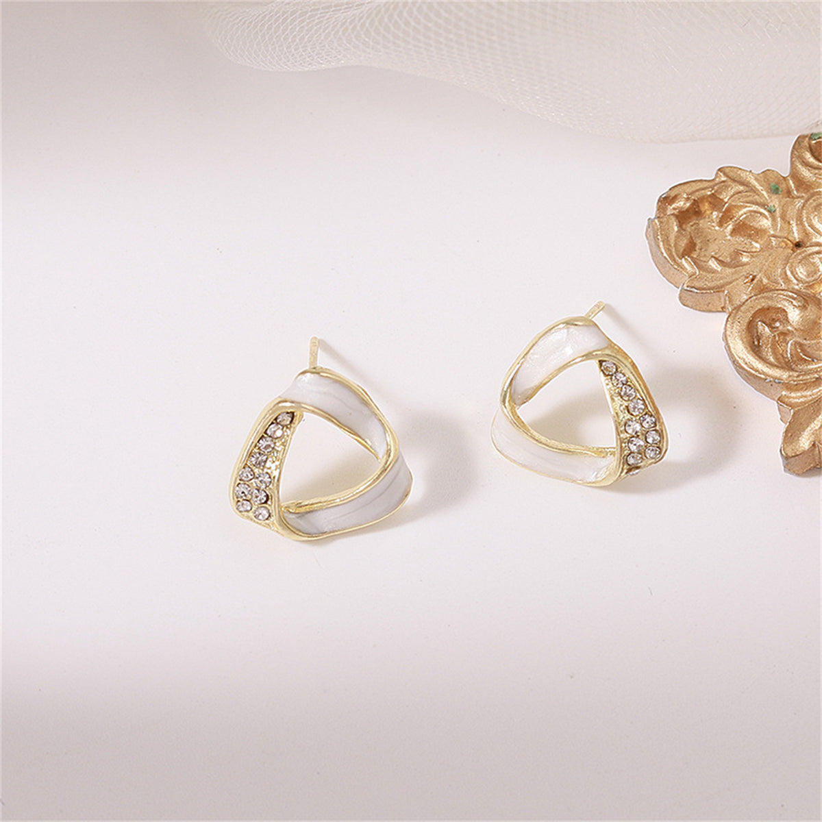 Cubic Zirconia and 18K Gold-Plated Twisted Triangle Stud Earrings, gold stud earrings for women, everyday style, styled look