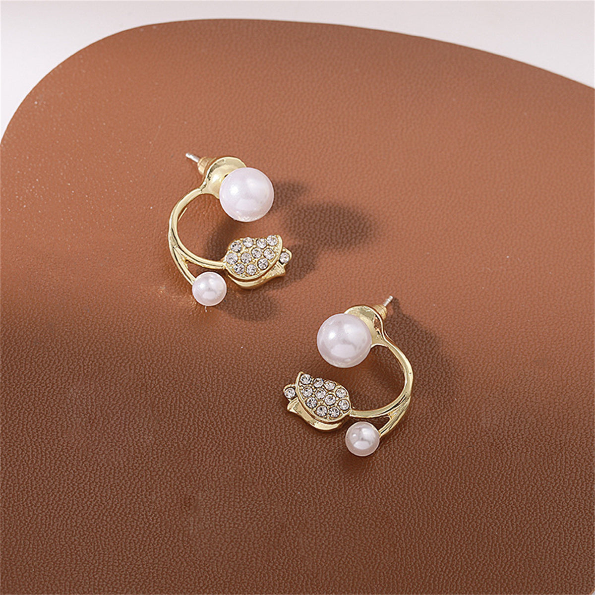 Pearl and Cubic Zirconia Rose Ear Jackets, stud earrings for women, elegant gift for her, front view