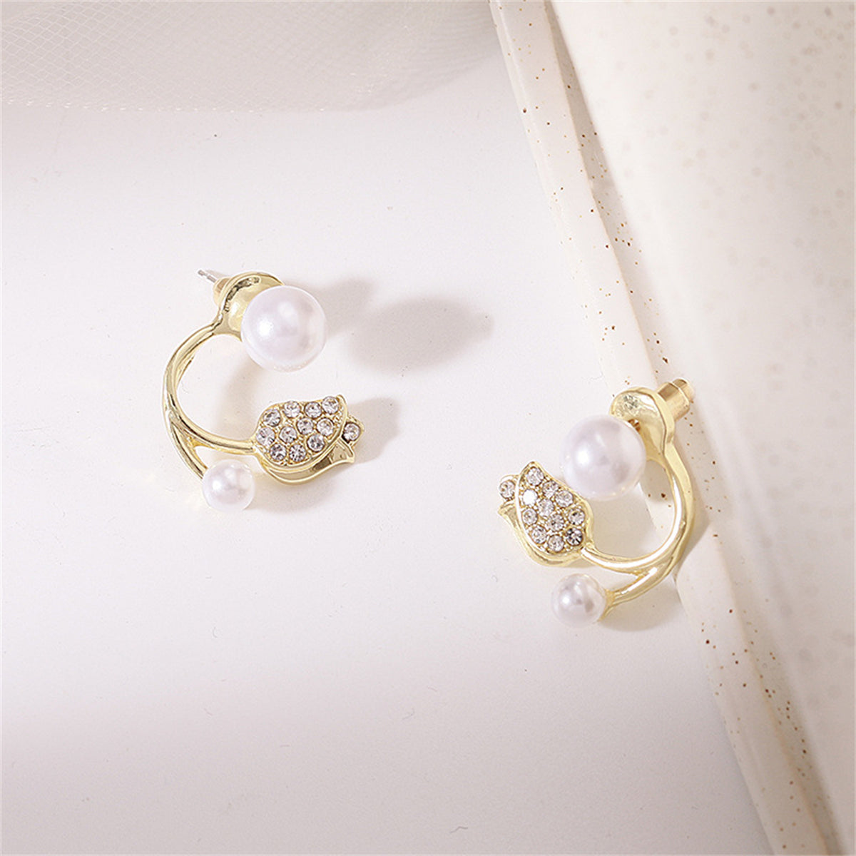 Pearl and Cubic Zirconia Rose Ear Jackets, stud earrings for women, elegant gift for her, detail close-up