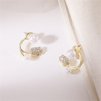 Pearl and Cubic Zirconia Rose Ear Jackets, stud earrings for women, elegant gift for her, detail close-up