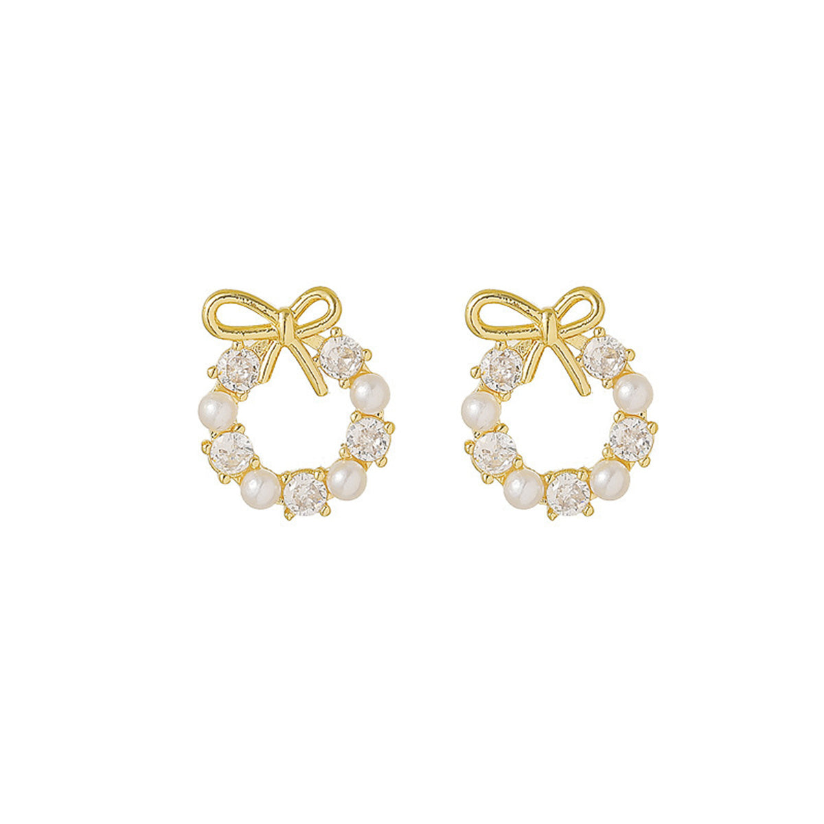 Cubic Zirconia and Pearl 18K Gold-Plated Wreath Stud Earring, gold stud earrings for women, side view