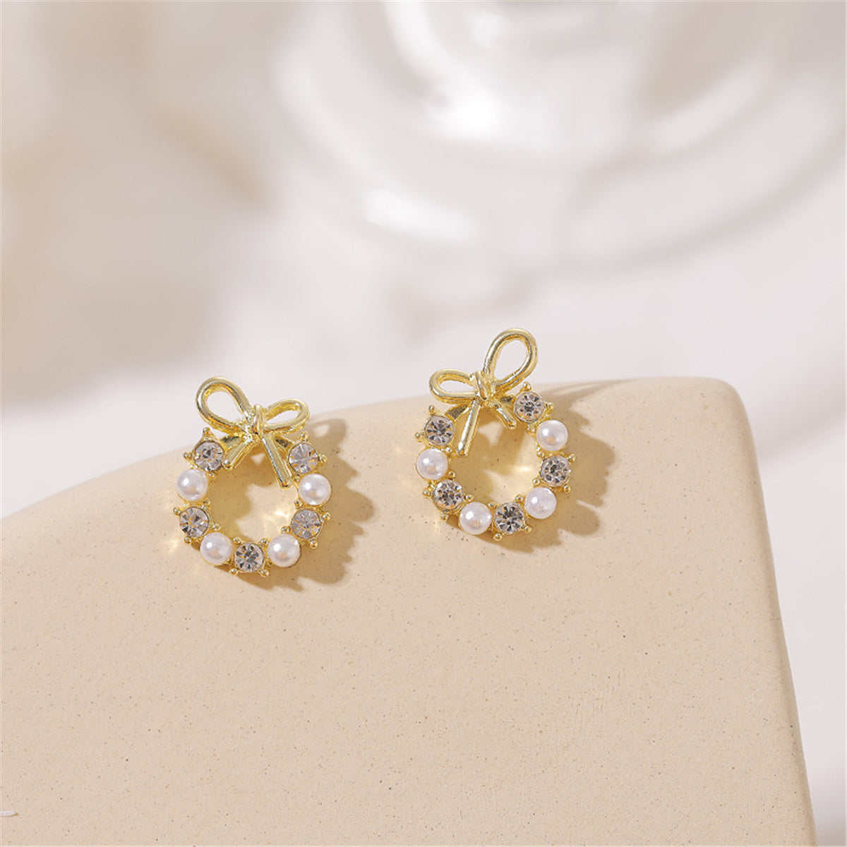 Cubic Zirconia and Pearl 18K Gold-Plated Wreath Stud Earring, gold stud earrings for women, front view