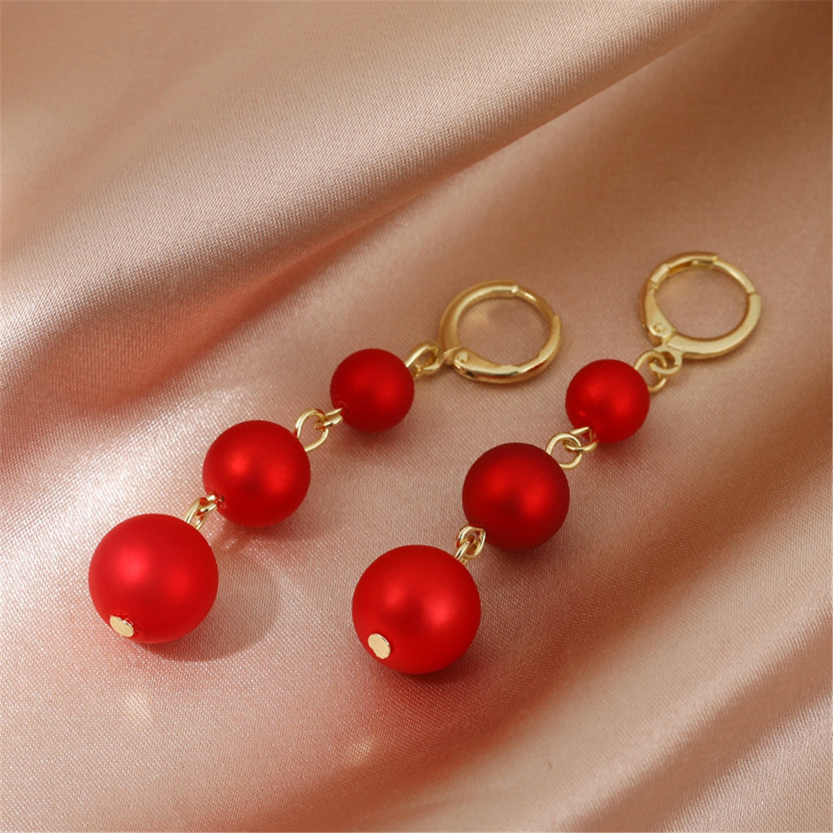 Red Resin and 18K Gold-Plated Linked-Bead Drop Earrings, gold drop earrings for women, botanical inspired, front view