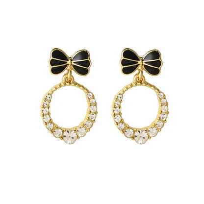 Cubic Zirconia and Black Enamel 18K Gold-Plated Bow-Accent Open Oval Drop Earrings, gold drop earrings for women, styled look