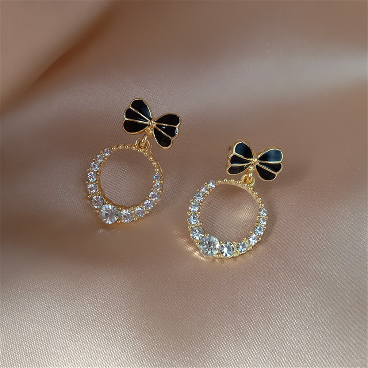 Cubic Zirconia and Black Enamel 18K Gold-Plated Bow-Accent Open Oval Drop Earrings, gold drop earrings for women, front view