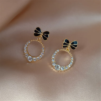 Cubic Zirconia and Black Enamel 18K Gold-Plated Bow-Accent Open Oval Drop Earrings, gold drop earrings for women, front view