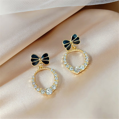 Cubic Zirconia and Black Enamel 18K Gold-Plated Bow-Accent Open Oval Drop Earrings, gold drop earrings for women, side view
