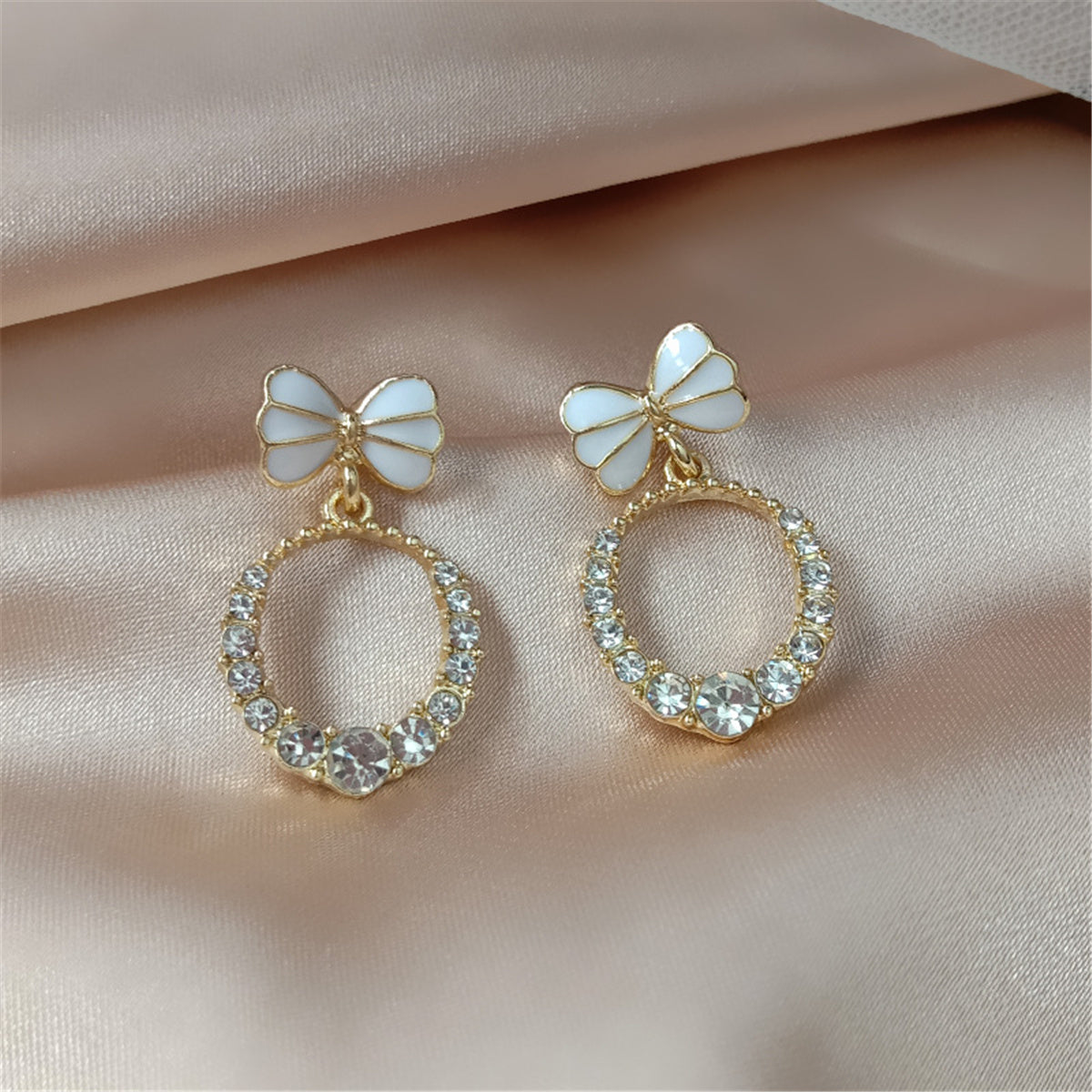Cubic Zirconia and Enamel 18K Gold-Plated Bow-Accent Open Oval Drop Earrings, gold drop earrings for women, side view