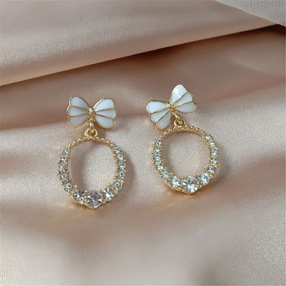 Cubic Zirconia and Enamel 18K Gold-Plated Bow-Accent Open Oval Drop Earrings, gold drop earrings for women, side view
