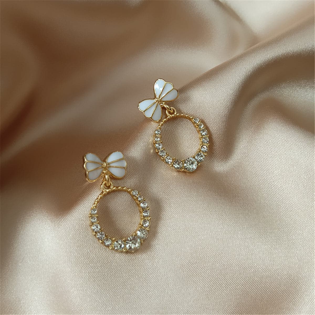 Cubic Zirconia and Enamel 18K Gold-Plated Bow-Accent Open Oval Drop Earrings, gold drop earrings for women, front view