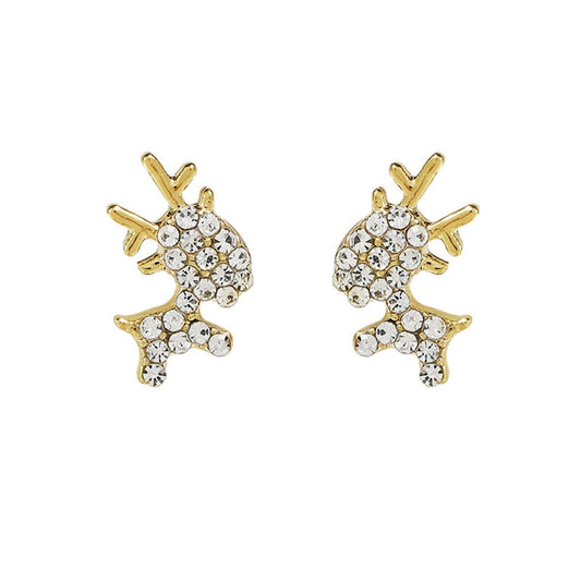 Cubic Zirconia and 18K Gold-Plated Deer Stud Earrings, gold stud earrings for women, botanical inspired, front view