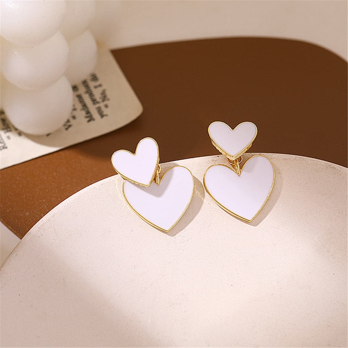 White Enamel and 18K Gold-Plated Heart Ear Jackets, gold drop earrings for women, dainty minimalist design, front view