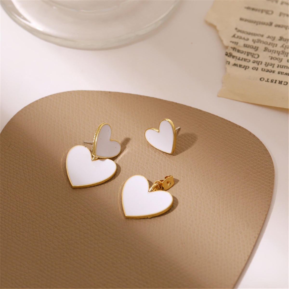 White Enamel and 18K Gold-Plated Heart Ear Jackets, gold drop earrings for women, dainty minimalist design, lifestyle look