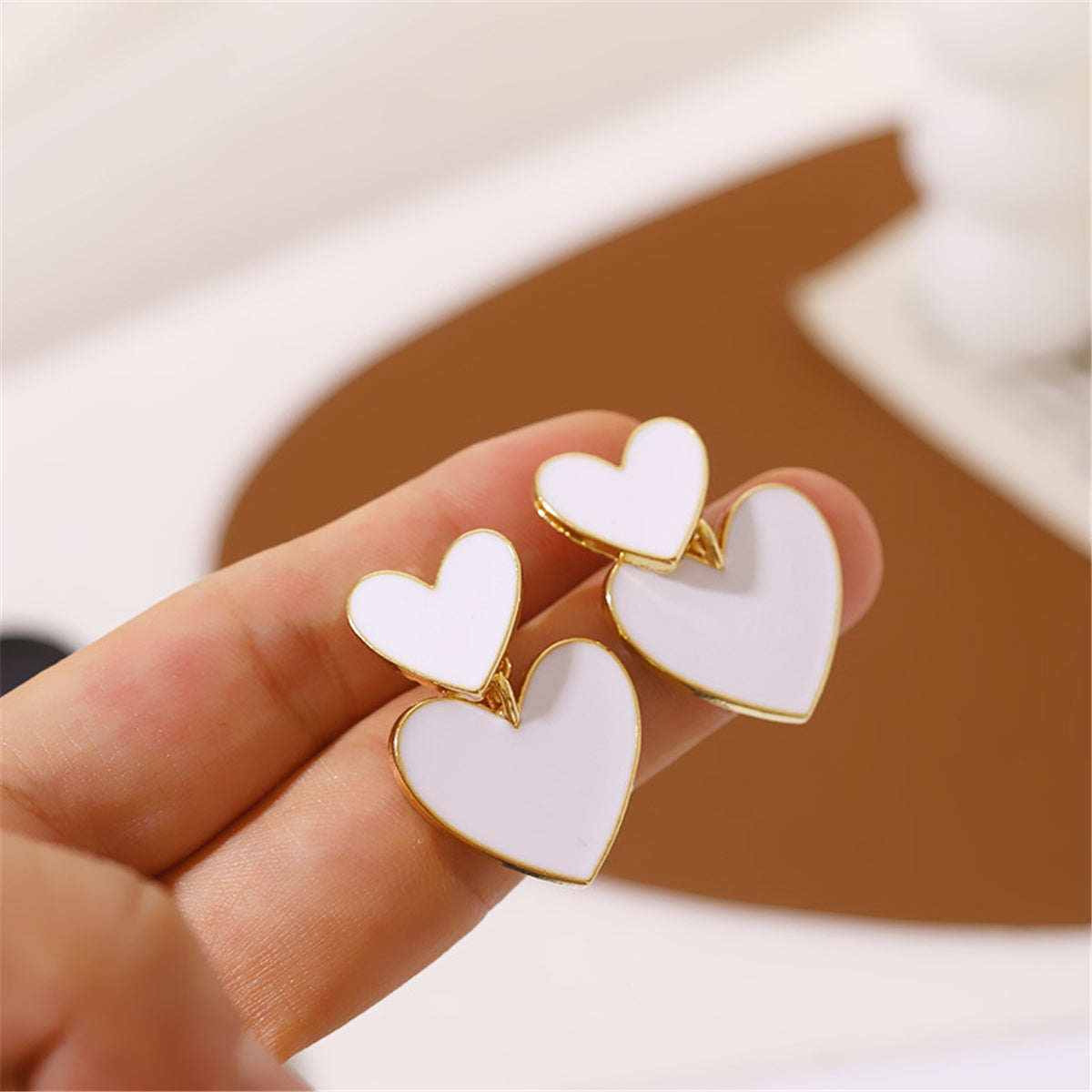 White Enamel and 18K Gold-Plated Heart Ear Jackets, gold drop earrings for women, dainty minimalist design, styled look