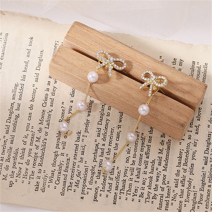Cubic Zirconia and Pearl 18K Gold-Plated Bow Dangle Ear Jackets, gold drop earrings for women, everyday style, lifestyle look