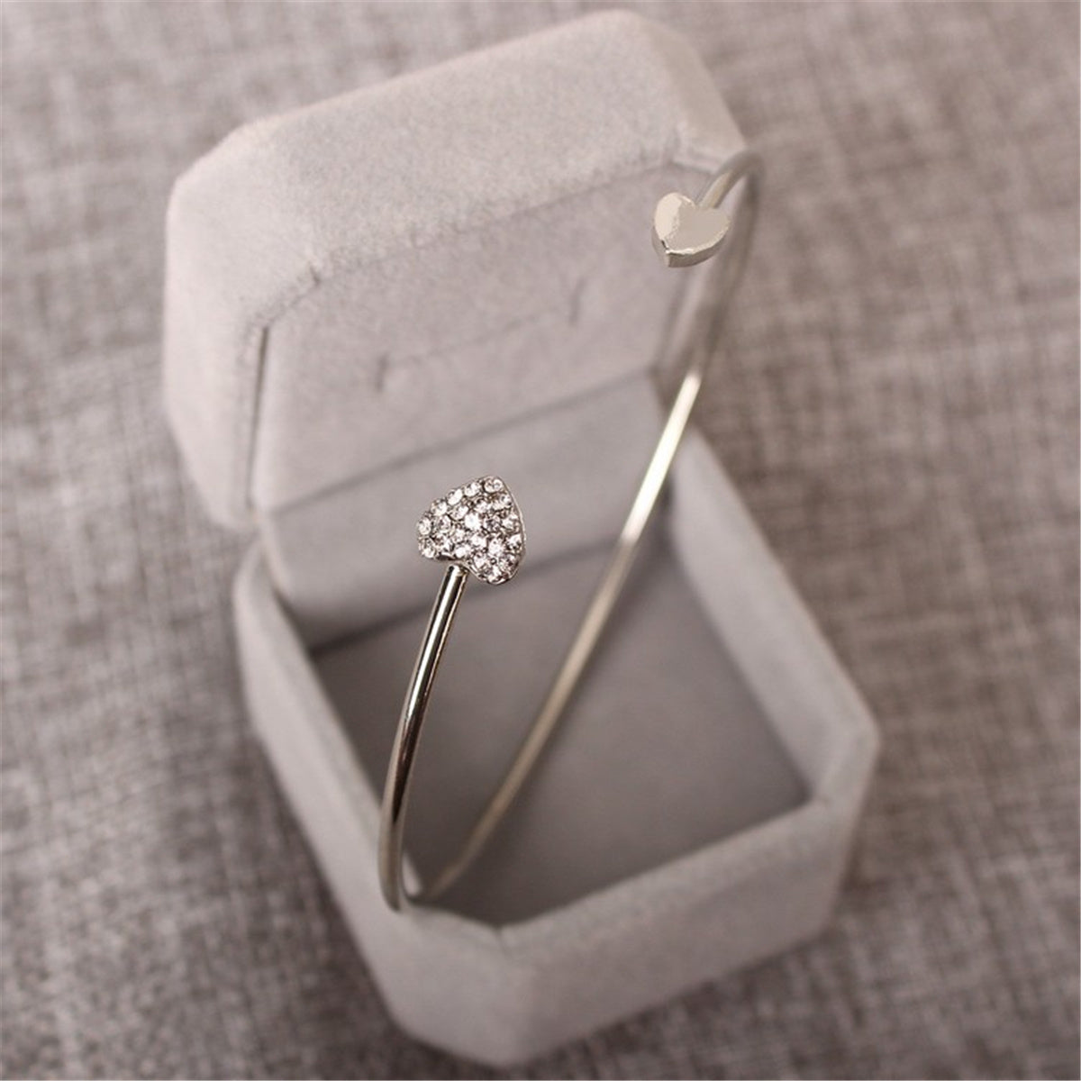 Cubic Zirconia and Silver-Plated Heart Cuff, silver bracelet for women, dainty minimalist design, front view