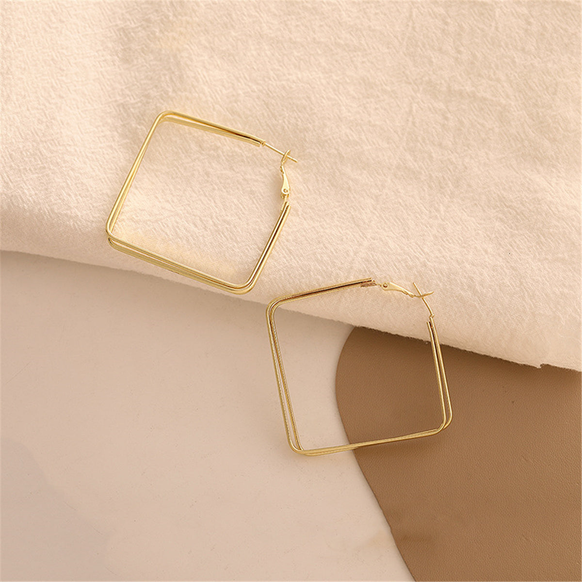 18K Gold-Plated Layered Rhombus Hoop Earrings, dainty minimalist design, detail close-up