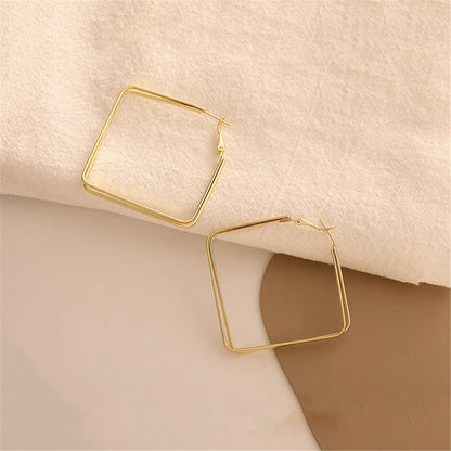 18K Gold-Plated Layered Rhombus Hoop Earrings, dainty minimalist design, detail close-up