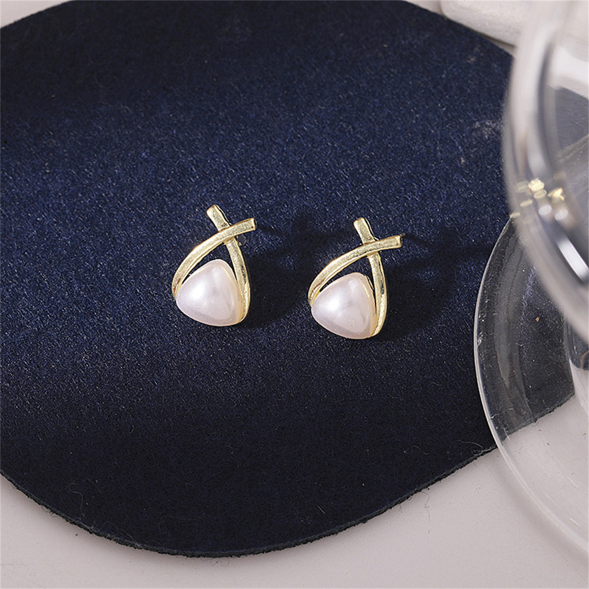 Pearl and 18K Gold-Plated Triangle Stud Earrings, gold stud earrings for women, elegant gift for her, front view