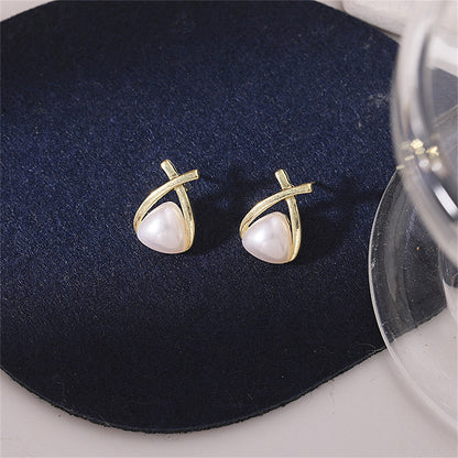 Pearl and 18K Gold-Plated Triangle Stud Earrings, gold stud earrings for women, elegant gift for her, front view