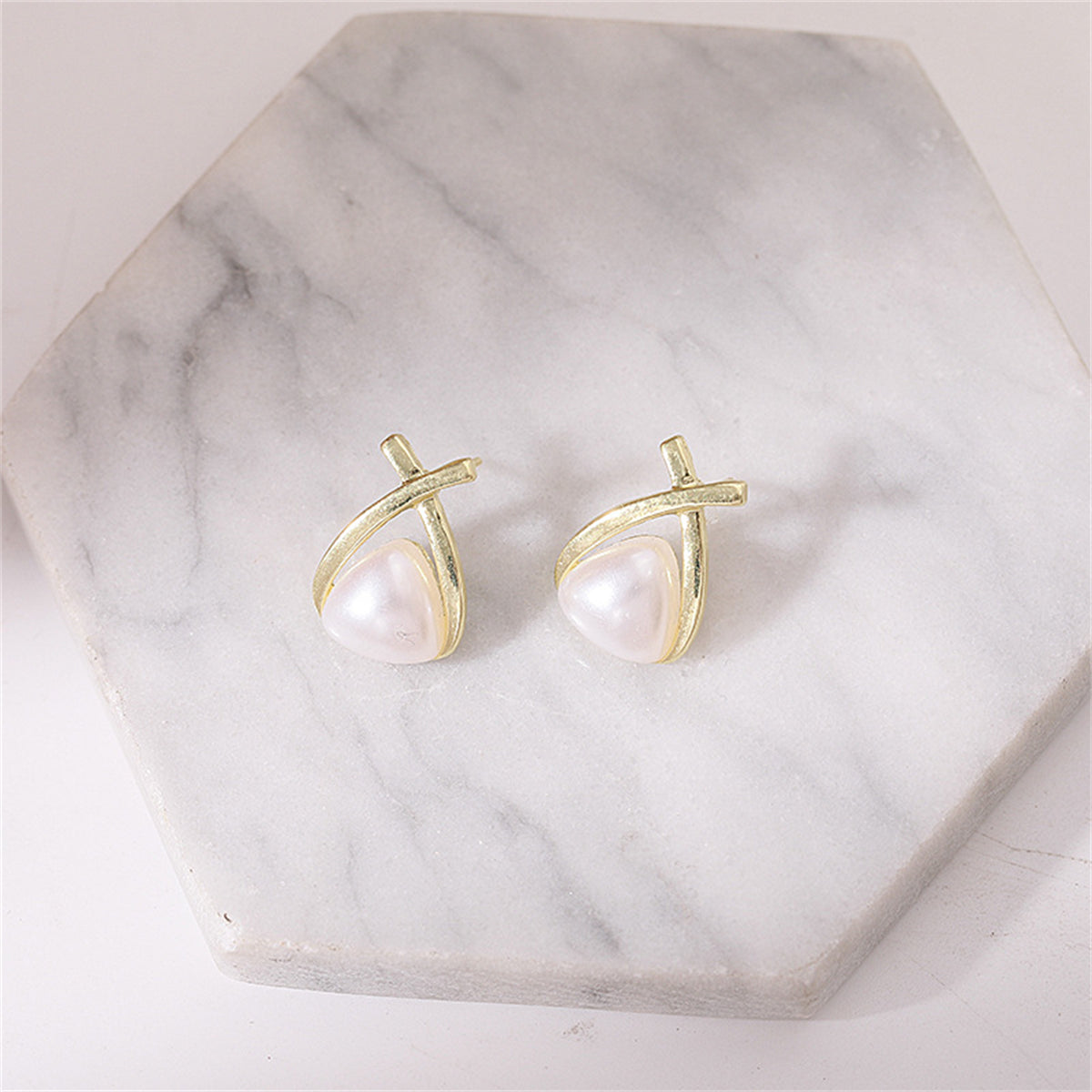 Pearl and 18K Gold-Plated Triangle Stud Earrings, gold stud earrings for women, elegant gift for her, styled look