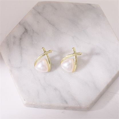 Pearl and 18K Gold-Plated Triangle Stud Earrings, gold stud earrings for women, elegant gift for her, styled look