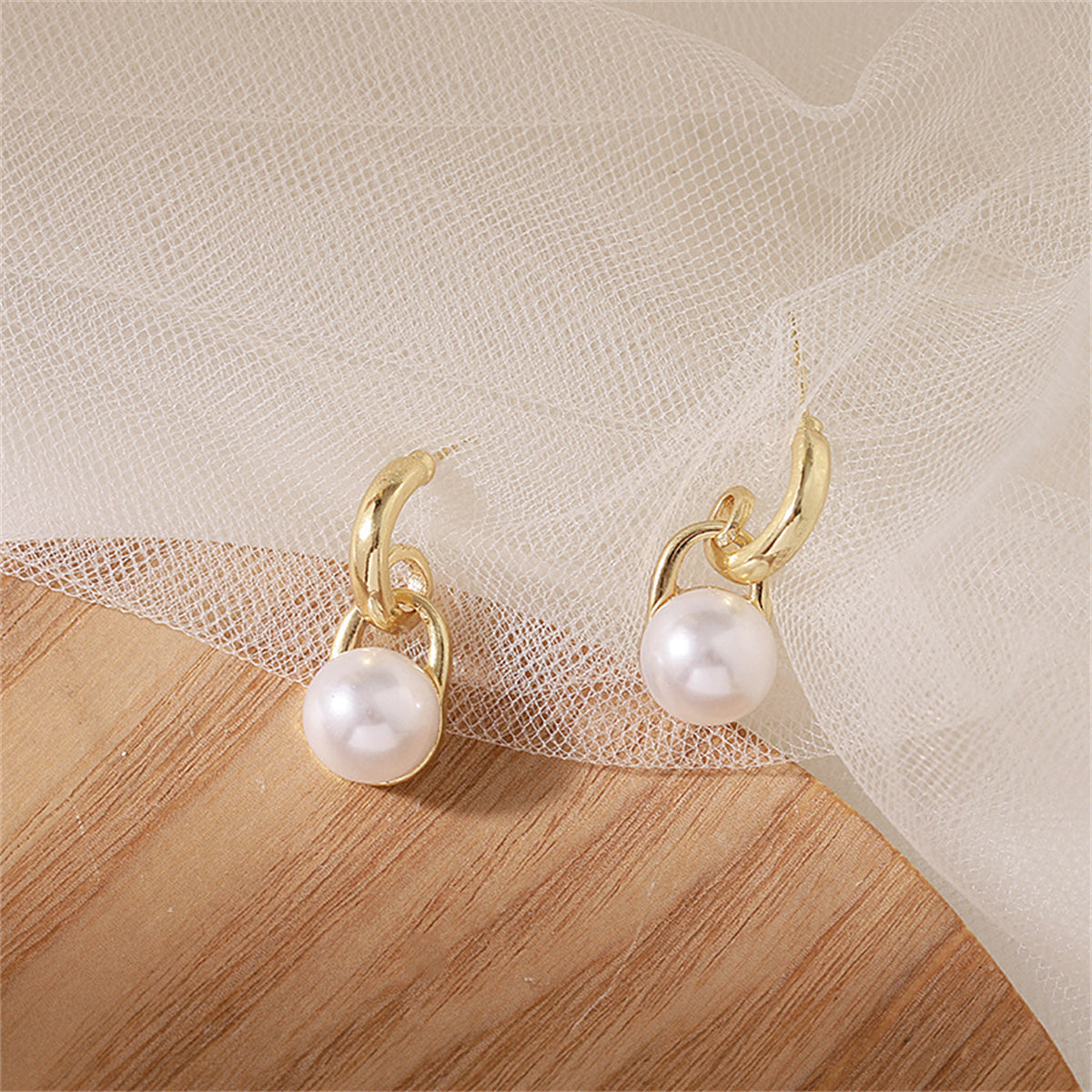 Pearl and 18K Gold-Plated Lock Drop Earrings, gold drop earrings for women, everyday style, front view