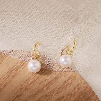 Pearl and 18K Gold-Plated Lock Drop Earrings, gold drop earrings for women, everyday style, front view