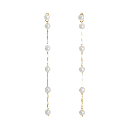 Pearl and 18K Gold-Plated Link-Beaded Drop Earrings, gold drop earrings for women, vintage-inspired design, front view