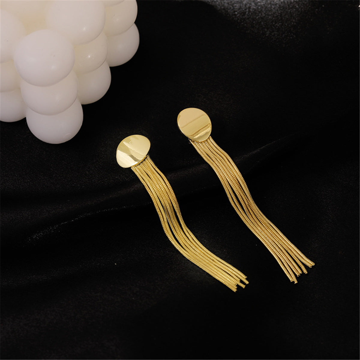 18K Gold-Plated Oval Tassel Drop Earrings, gold drop earrings for women, vintage-inspired design, front view