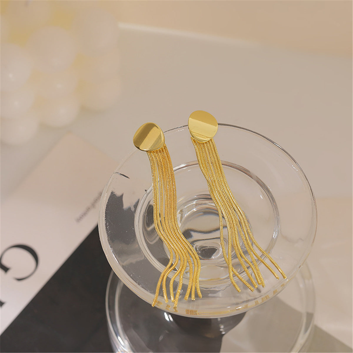 18K Gold-Plated Oval Tassel Drop Earrings, gold drop earrings for women, vintage-inspired design, detail close-up
