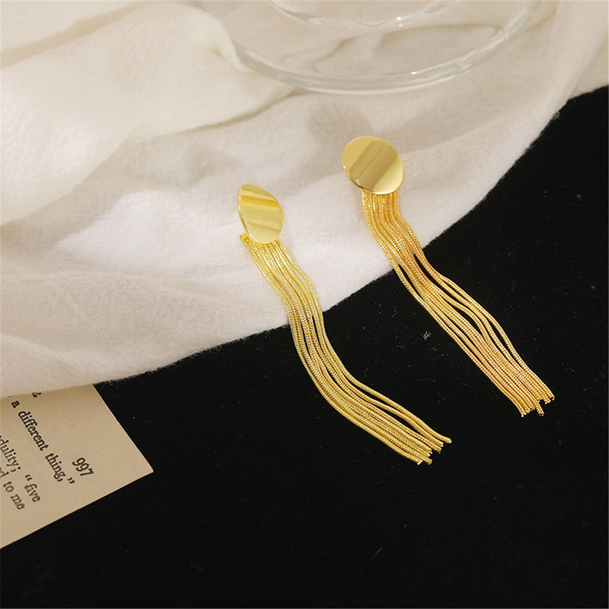 18K Gold-Plated Oval Tassel Drop Earrings, gold drop earrings for women, vintage-inspired design, side view