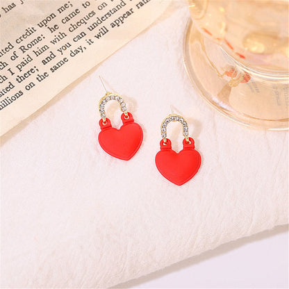Red Enamel and Cubic Zirconia Heart Drop Earrings, drop earrings for women, dainty minimalist design, side view