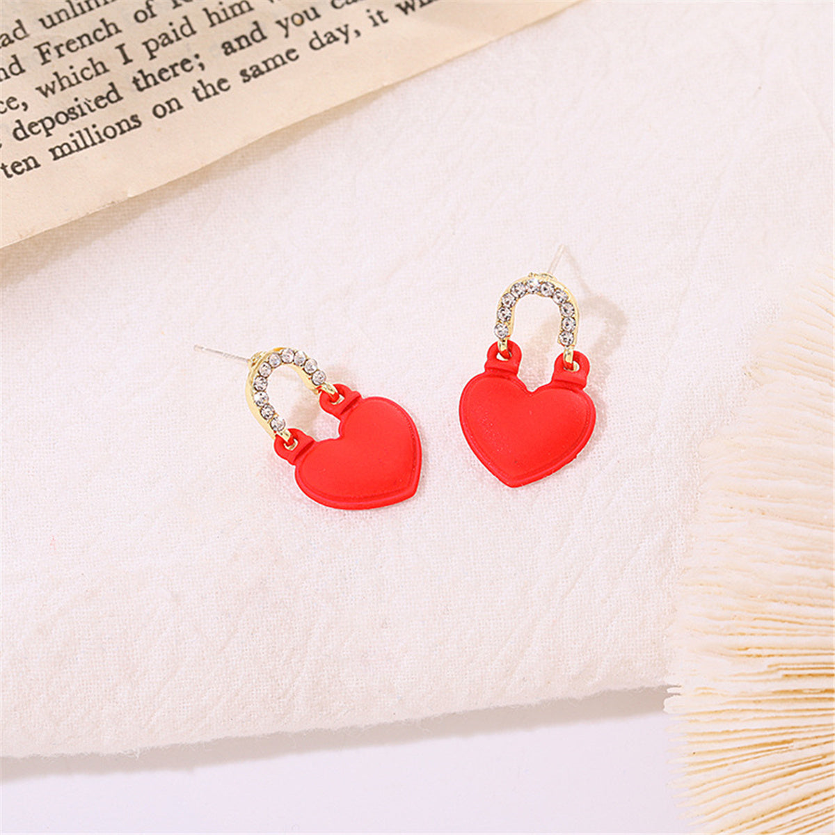 Red Enamel and Cubic Zirconia Heart Drop Earrings, drop earrings for women, dainty minimalist design, lifestyle look