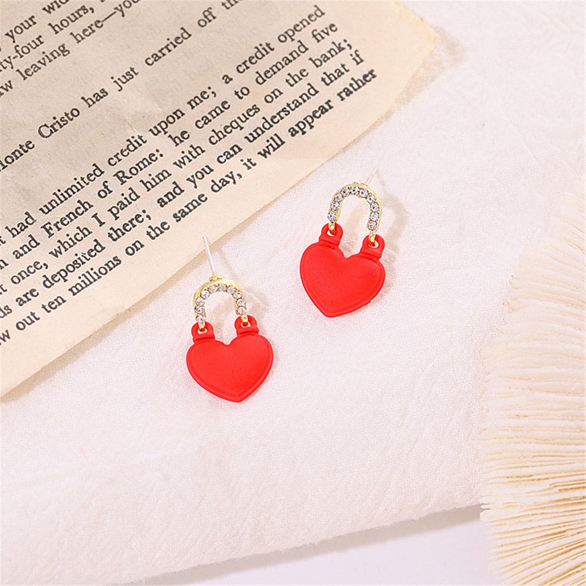 Red Enamel and Cubic Zirconia Heart Drop Earrings, drop earrings for women, dainty minimalist design, detail close-up